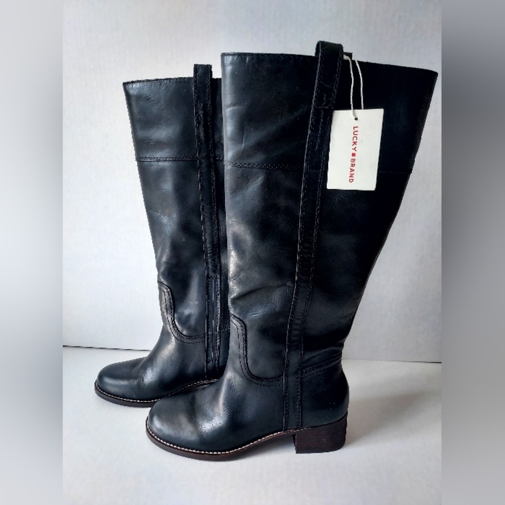 NEW Lucky Hybiscus Black Leather Riding Boots Women 8.5 Wide Calf